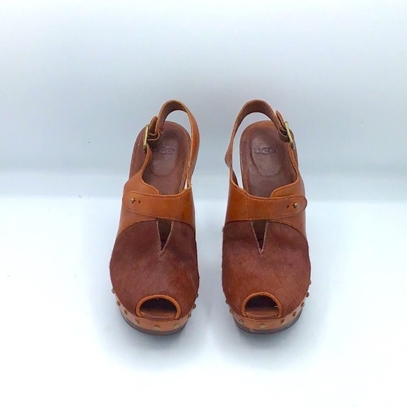 UGG Nicco Auburn Clog Calf Hair Platform Peep Toe Slingback Shoe Size 6.5 - Picture 2 of 13